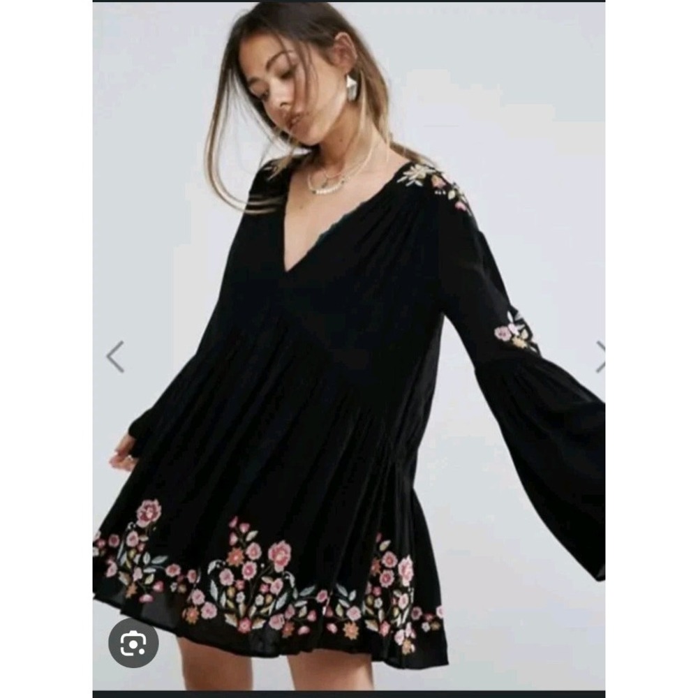 Free People Womens XS Black Te Mia Long Sleeve Mini Dress Boho Chic Micropleated
